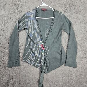 Raw 7 Womens 100% Cashmere Tie Front Wrap Cardigan Gray Floral Distressed Medium
